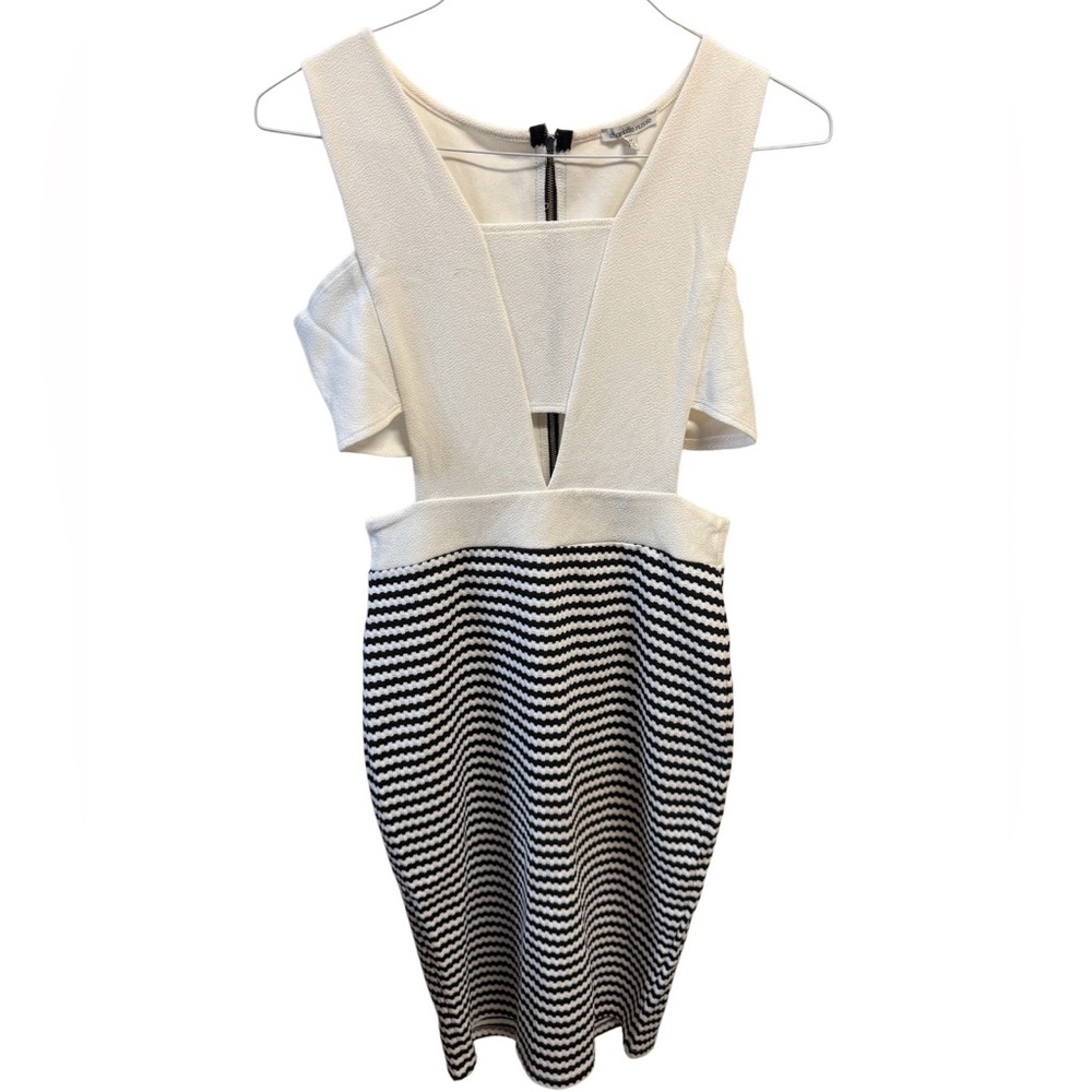 Charlotte Russe Cream and Black Striped V-Neck Cutout Dress